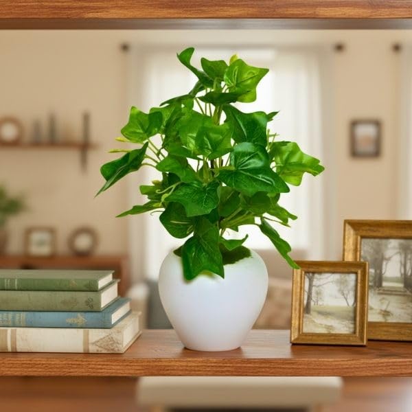 Image of fancymart Artificial Plant Leaves in Apple Pot (30 cm Height) | Small Potted Plant for Office Desk | Home Decor for Living Room | Cafe & Restaurant Table Decoration