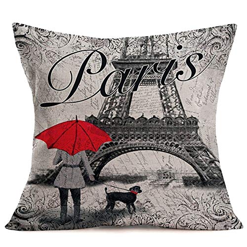 Asamour Pack Of 2 Paris Love Pillow Covers Sweet Lover With Red Umbrella Dog Decorative Cotton Linen Throw Pillow Case Cushion Cover Romantic Paris Eiffel Tower Pillowcases 18’’X18’’,Red Gray Building #TOP1