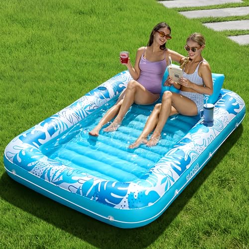 SLOOSH Inflatable Tanning Pool Lounger Float, 85' x 57' Extra Large Pool Floats Adult with Pillow, 4 in 1 Suntan Tub Raft Floatie,Sunbathing Bed Lounge for Water Blow Up Ball Pit Party Gifts, XL-Blue