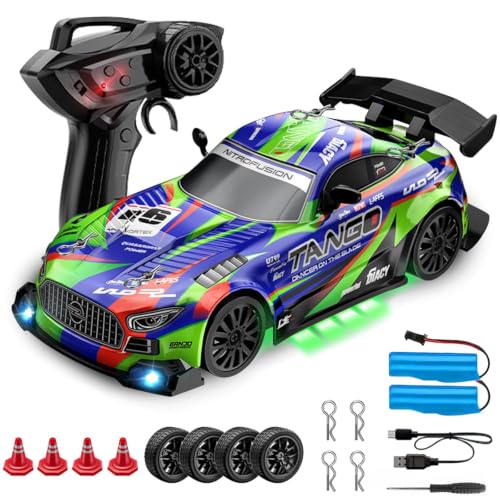 Drift RC Car for Electric Toy Car Hobby Racing Car Toys with Controller,1:24 4WD High Speed RC Drift Cars with LED Lights,Extra Drifting Tires＆Two Batteries,Racing Sport Toy,Vehicle for Adults＆Kids