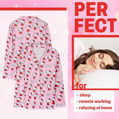Image of Hello Kitty Pajamas for Women Teens Long PJs Comfy Kawaii Button Down Lounge Set