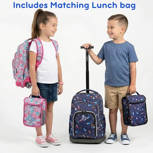 Image of J World Lollipop Kids Rolling Backpack & Lunch Bag Set for Elementary School. Carry-On Suitcase with Wheels, Fox