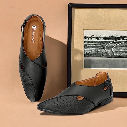 Image of Stylelure Ethnic Premium Leather Black Formal Peshawari Sandals|Summer|Trendy Slip-On Outdoors for Men (Black)