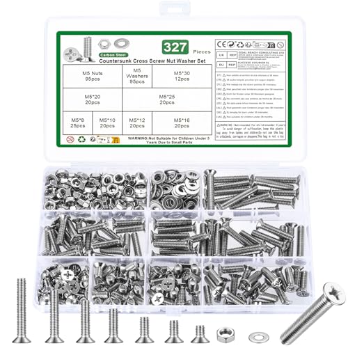 327 Pièces Vis M5, Têtes Fraisées Cruciformes et Écrous, Boulons et Têtes Plates Cruciformes, Visserie avec Boulons et Écrous(Argent)
