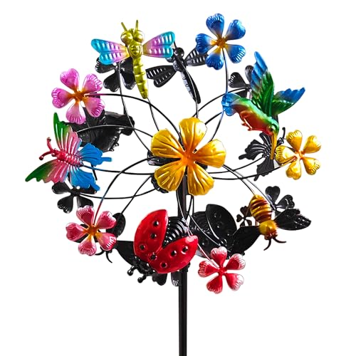 Senflame Flower Wind Spinners Outdoor, Metal Windmill with Hummingbirds, Butterflies and Bees, Pinwheels for Yard and Garden