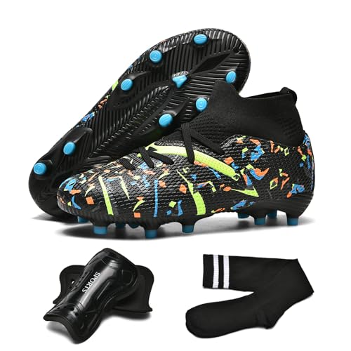 OKPHRA Kids Soccer Cleats with Shin Guards & Socks, Black 32