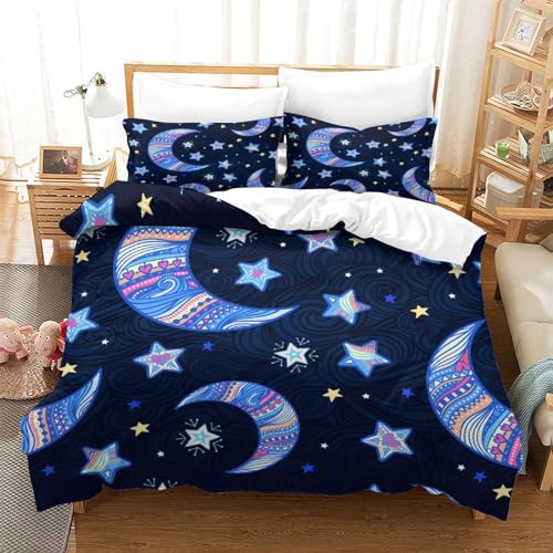 OJBKOBACC Nachtmuster - Sterne und Halbmond Luxuriöses Bettwäsche Set Aus 3D Motiv Microfaser Für Hotel Gästezimmerschlafbereich,Inklusive Bettbezug,Kissenbezug Und Passender Decke Double（200x200cm）