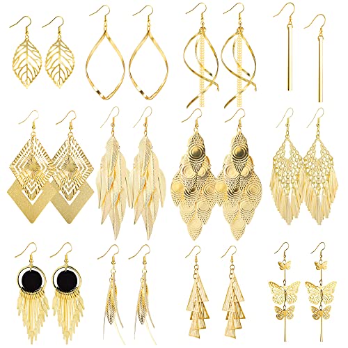 12 paires Boucles d'Oreilles Pendantes pour Femmes Filles, Or Boucles d'Oreilles Boho, Pompons/Prisme/plume/chaîne/linéaires/Vague/feuilles Bijoux Fantaisie pour Femme...