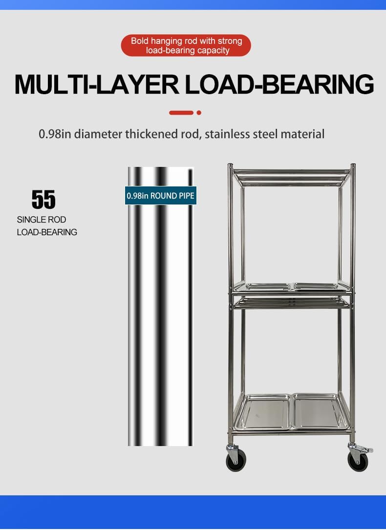 304 Stainless Steel Double-Layer Hanging Meat Rack with Wheels and Drip Trays, Commercial Kitchen Drying Rack for Duck, Goose, Bacon, Sausage, Heavy-Duty Food Storage Cart, 24.6x16.14x57.09 Inches