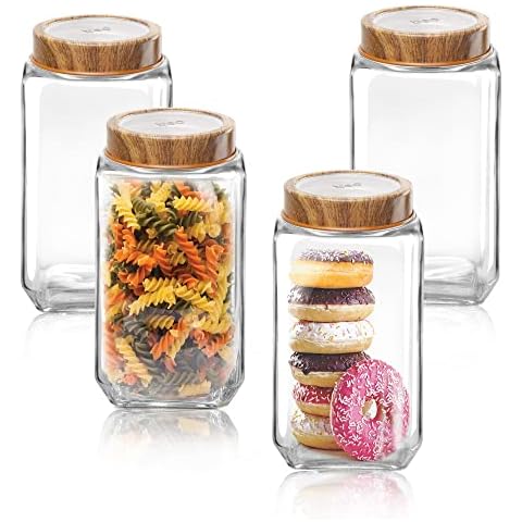 Treo By Milton Woody Cube Storage Glass Jar Set of 4, 1250 ml Each, Transparent | Storage Jar | Kitchen Organizer | Modular | Multipurpose Jar Cover