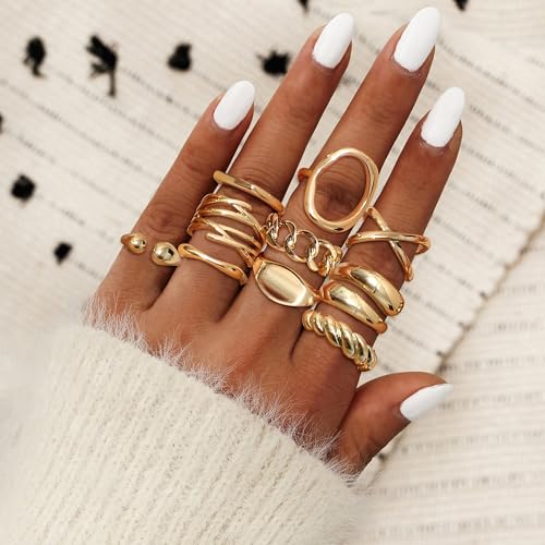 HAIAISO 16 Pcs Gold Rings Set for Women Non Tarnish 18K Gold Plated Chunky Rings Adjustable Stackable Thick Dome Ring Pack2