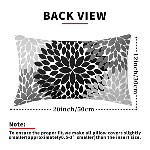 Black Pillow Covers 12X20 In Black White Grey Dahlias Floral Geometric Lumbar Bed Pillow Cases Set Of 2 Farmhouse Rustic Rectangle Throw Pillows Home Decor For Living Room Bedroom Outdoor Cushion #TOP2