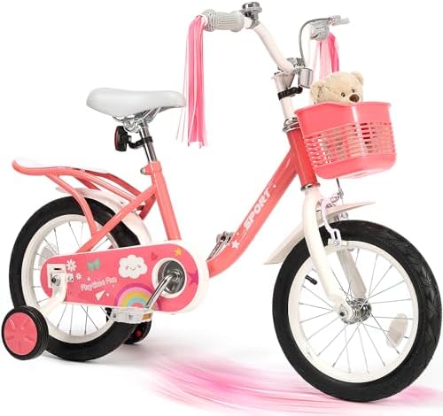 BODIOO Kinderfahrrad 12/14 Zoll Fahrrad für Mädchenmit und Jungen Stützrädern & verstellbarem Sattelfür Spielrad mit Korb & Klingel Fahrer von 94 bis 107 cm-Rosa