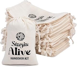 10 Premium Organic Muslin Drawstring Bags 4x6 - Wedding Party Favor Set for Bachelorette Hangover Kits & Holiday Gifting | Reusable Double-Layer Unbleached Cotton Pouches (Staying alive)