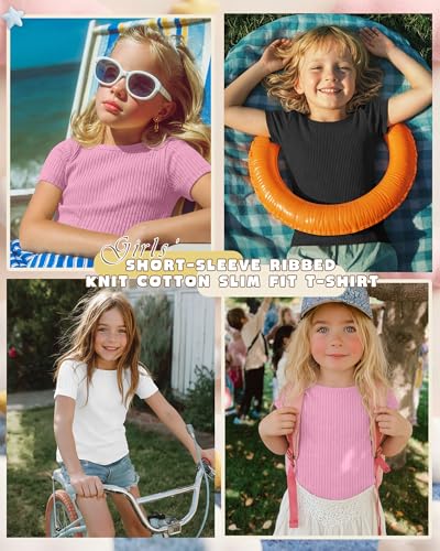 LessonZoo 3 Pack Girls Shirts Cotton Basic Tees Ribbed Knit Slim Fit T Shirts Boat Neck Tops Casual for Kids Ages 5-14(5-6 Years,White, Pink, Black) — view 2