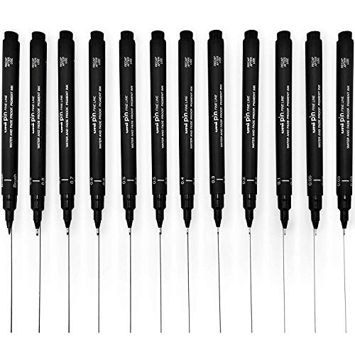 Uni Pin Fineliner Bolígrafo de Dibujo - Set Completo de 11 Grados + Extra 0.5mm - de Tinta Negra - Paquete de 12