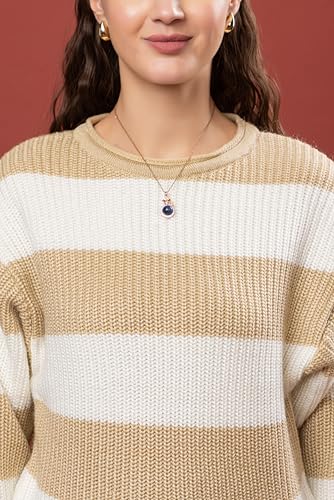 Image of Wear lusso Women's 100% Wool Color Block Stripe Full Sleeve Round Neck Pullover Sweater | Winter Season Fashion