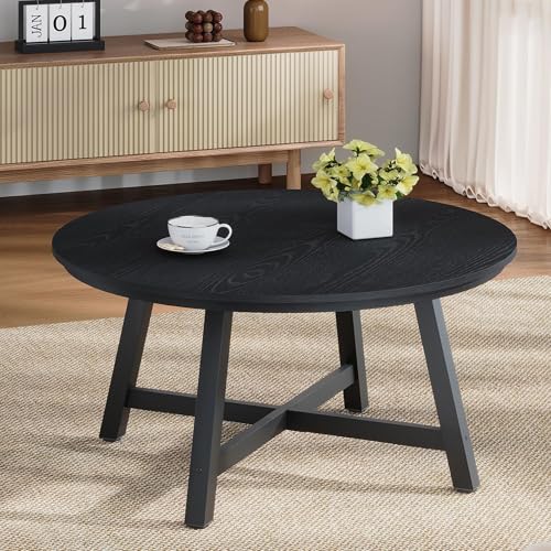 36 Inch Round Coffee Table with Industrial Wood Grain, Circular Center Table with Thickened Metal Legs, Modern Wooden Accent Table for Living Room and Office Spaces, Black by ExploreHorizon - Image 6