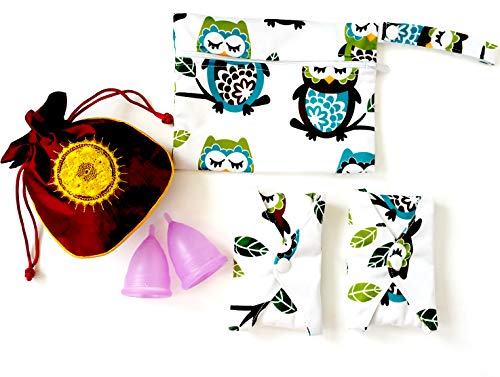 Luna Cup Period Starter Kit 6pcs Set- 1 Small 1 Large Menstrual Cup 1 Small Pouch 2 Cloth Pads for Women 1 Wet Bag
