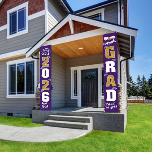 Image of Graduation Decorations 2026 Banner Porch Sign Purple Gold for Class of 2026 Graduates Party Supplies