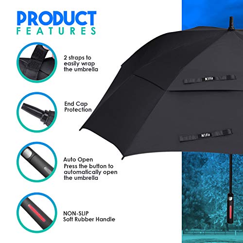 N1Fit Extra Large Golf Umbrella Double Canopy Vented Square Umbrella Windproof Automatic Open 62 Inch Oversize Stick Umbrella For Men Women (Black) #TOP4