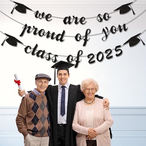 Image of JUESMOS 2025 Graduation Banners Party Decorations Black Glitter We are So Proud of You Grad Banners Class of 2025 Graduation Decorations High School College University Grad Party Supplies
