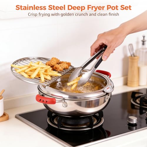 Deep Fryer Pot with Tongs, Stainless Steel Japanese Fryer with Temperature Control and Oil Drip Drainer Rack, Japanese Tempura Pot Set for French Fries Chicken Japanese Tempura (9.8 Inch) by OMISTAR - Used condition - Image 2