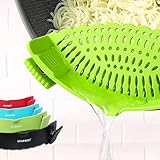 STARBEET Clip On Pot Strainer - Snap n Strain Silicone Food Colander - Fast, Easy, Straining for Noodles, Pasta, Meat, Fruits and Veggies. Fits Most Sizes Round Pots, Pans and Bowls(Green)