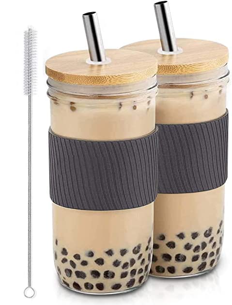 [2 Pack] 24oz Glass Cups with Airtight Bamboo Lids, Silicone Sleeve, Wide Mouth Metal Straw Cleaners - Fashionable Reusable Boba for Iced Coffee/Tea, Travel Drinks 2.9x7.8 (MG2022001)