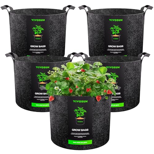 VIVOSUN 5-Pack 15 Gallon Plant Grow Bags, Heavy Duty Thickened Nonwoven...