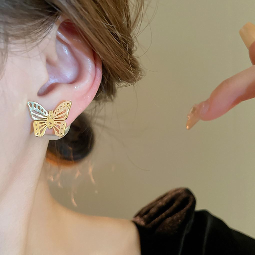 Gold Pearl Butterfly Earrings for Women Dainty Pearl Stud Earrings Aesthetic Hollow Butterfly Jacket Earrings Trendy Birthday Prom Jewelry Gifts