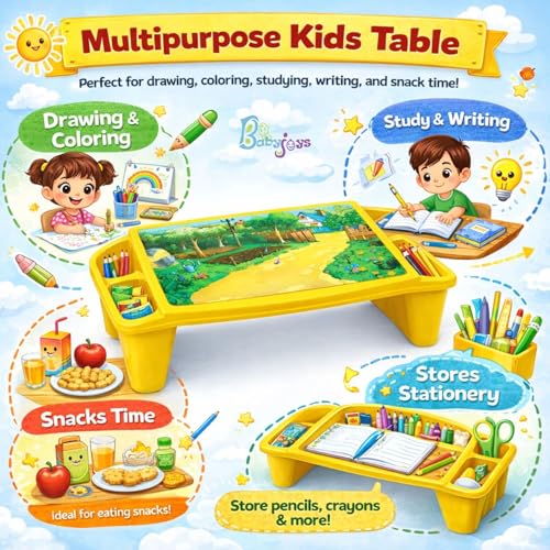 Image of Multipurpose Plastic Study Table with Side Storage - Kids Activity & Laptop Table with Elegant Scenery Print (Yellow)