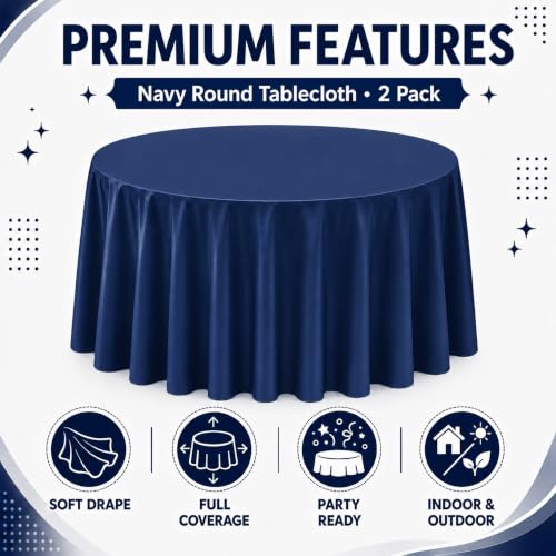 Image of WNINK 2 Pack Navy Blue Round Tablecloth, 84 Inch Disposable Plastic Table Covers, Navy Blue Round Table Cover for Birthday Parties, Holiday, Picnic, BBQ, Family Gathering Party Supplies