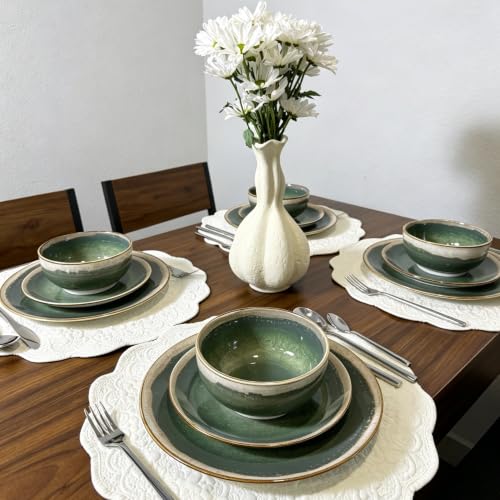 Image of Sweejar 12 Pieces Ceramic Dinnerware Sets for 4, Moss Green | Gradient Glaze Plates and Bowls Set, Microwave & Dishwasher Safe, Stackable Dish Set, Scratch Resistant Dishware Sets