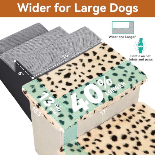 Image of Zerbuger Dog Stairs for High Beds, Folding Pet Stairs Gift for Dogs Puppy with Storage for Bed Couch, Cat Dog Ramp Hold Up to 200 lbs (Beige Leopard, 3 Steps No Condo(31 inch D x 17 inch W x 17.7 inch H))
