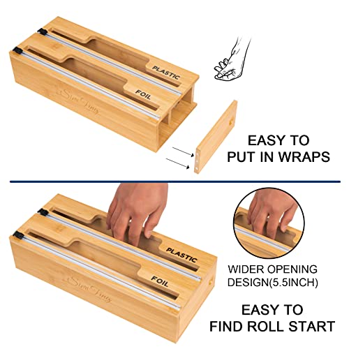 Bamboo Plastic Wrap Dispenser with Cutter 2 in 1 | Aluminum Foil, Plastic Wrap and Wax Paper Dispenser for Kitchen Drawer | Cling Food Wrap Organization and Storage-Compatible with 12\" Roll
