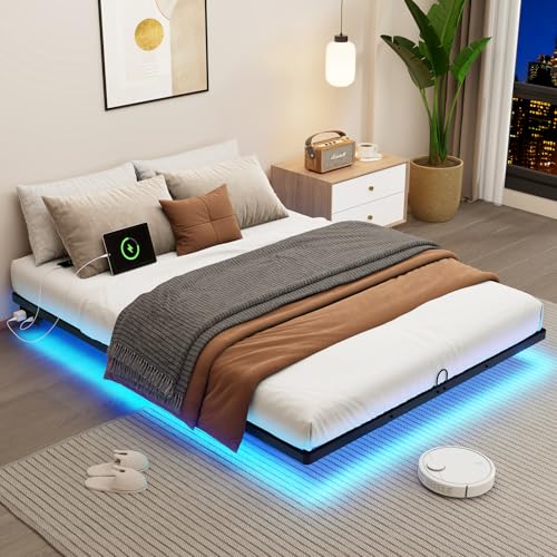 Mashomdec Queen Size Floating Metal Bed Frame with Smart LED Lights & Charging Station Metal Platform Bed Base No Box Spring Needed Easy Assembly Noise Free