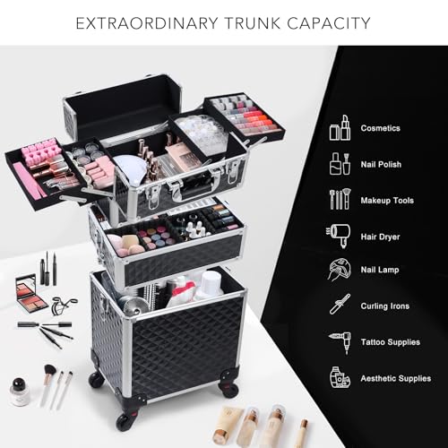 Frenessa 3 In 1 Rolling Makeup Train Case Professional Cosmetic Trolley Large Storage With Keys Swivel Wheels Salon Barber Case Traveling Cart Trunk For Make Up Hairstylists Nail Tech thumb #1
