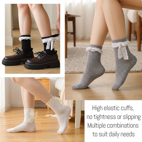 Image of Jspupifip 6 Pairs Lace Ruffle Frilly Crew Socks for Women Girls | Cotton Breathable Cute Princess Ankle Dress Lace Socks Thin Cool Casual Socks