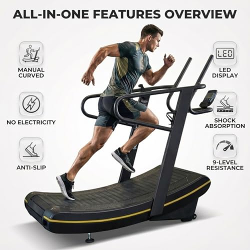Image of Curved Self-Driven Cardio Treadmill with LCD Screen, 8-Level Resistance Treadmill with No Electricity, Handrail Supported Indoor Training Equipment