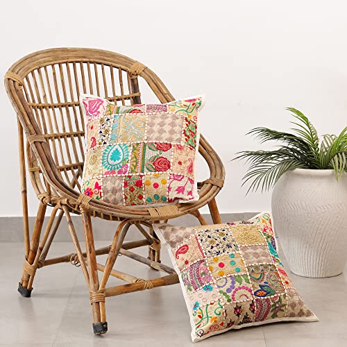 Image of Ravaiyaa - Attitude is everything Set Of 2 PC Home Sofa Decor Cotton Cushion Cover, Handmade Khambadiya Patchwork Pillow Case, Embroidery Cushions