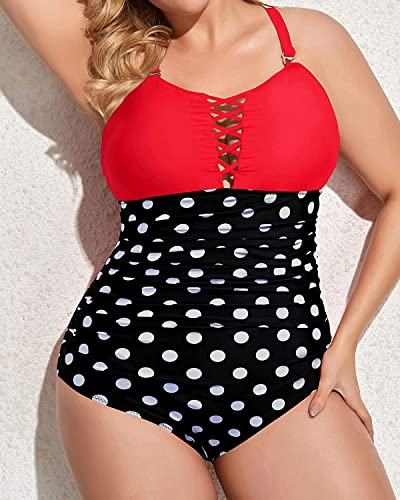 Yonique Women Plus Size One Piece Swimsuits Tummy Control Bathing Suits Vintage Swimwear Red And Polka Dot 22Plus #TOP4