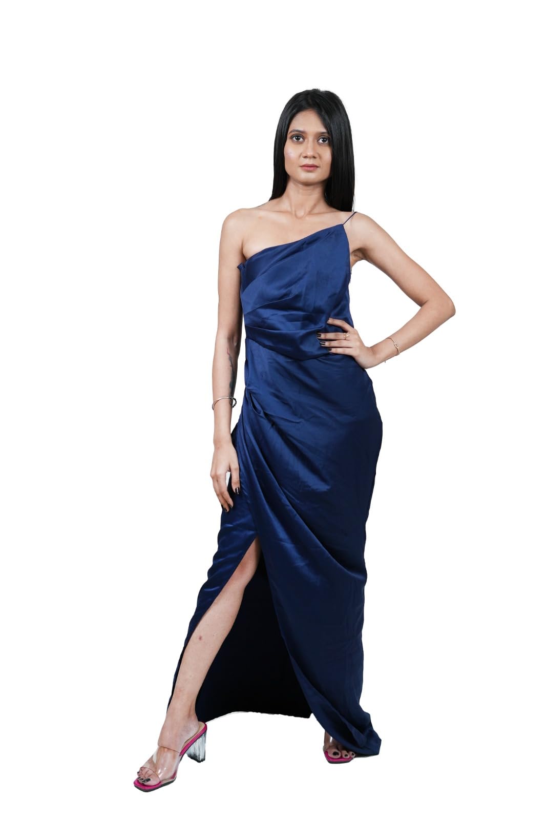 Elegant One-Shoulder Evening Gown, Navy Blue Satin, Floor Length with Side Slit-image-45