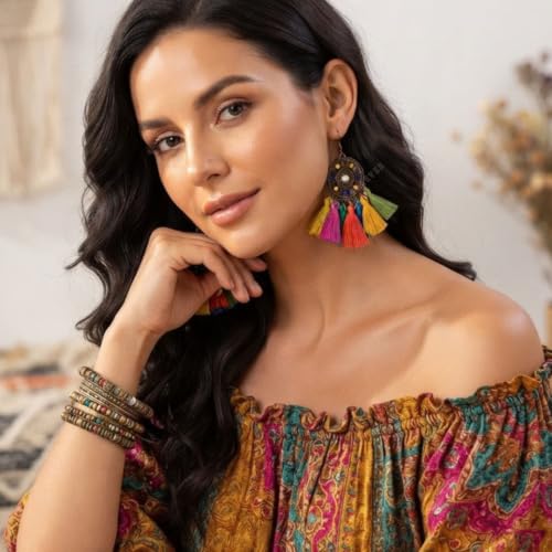 Image of Young & Forever Gift Boho Carnival Sea Island Long Tassel Earrings Handmade Beaded Bohemian Women Statement Beads Dangle Earrings Ethnic Jewelry Fringe Earrings