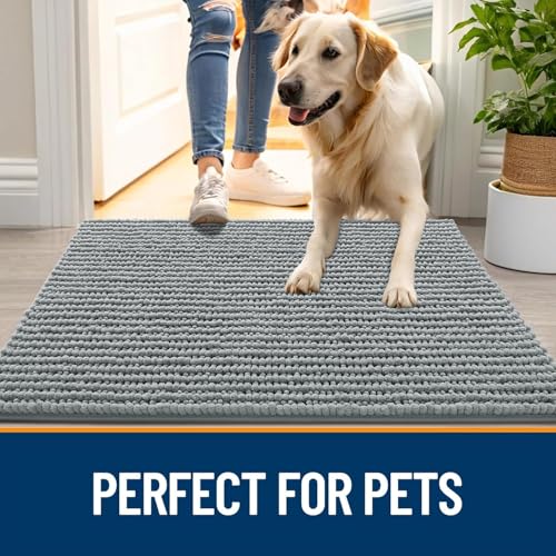 Image of OLANLY Dog Door Mat for Muddy Paws 24x16+24x16, Absorbent Non-Slip Washable Doormat, Quick Dry Chenille Mud Mat for Dogs, Entry Indoor Entryway Carpet for Inside Floor, Grey