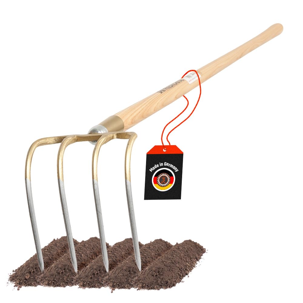SHW-FIRE | Kartoffelhacke 4 Zinken Schmiedung, 135 cm ergonomischer Eschenholzstiel, robust & langlebig, ideal für Bodenbearbeitung, Kartoffelernte & Heuaufnehmen | Made in Germany