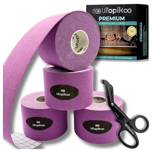 Utopikoo® Kinesiotape [4 Rollos 5 cm X 5 m + Tijeras Fisioterapia]-Cinta Kinesiologica Elastica de Colores-Kinesio+tape Vendaje Neuromuscular-Esparadrapo Deportivo-Cinta Fisioterapeuta (PURPLE)