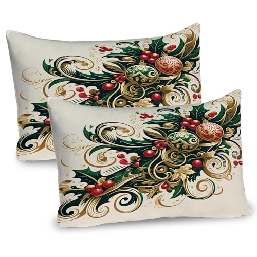 Ambesonne Christmas Pillow Sham Set of 2, Traditional Xmas Berries Toyon and Globes Ornate on Plain Backdrop, Quality Microfiber Bedding Item for All Seasons, 26