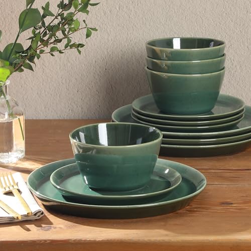 Image of Gibson Elite 12 Piece (Service for 4) Fern Canyon Plates and Bowls Reactive Glaze Modern Coupe Round Dishes Stoneware Ceramic Dinnerware Set - Glossy Green