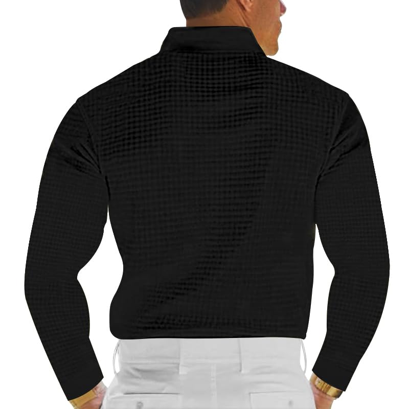 Men's Waffle Knit Long Sleeve Polo Shirt Spread Collar Button Up Polo Shirts for Men2